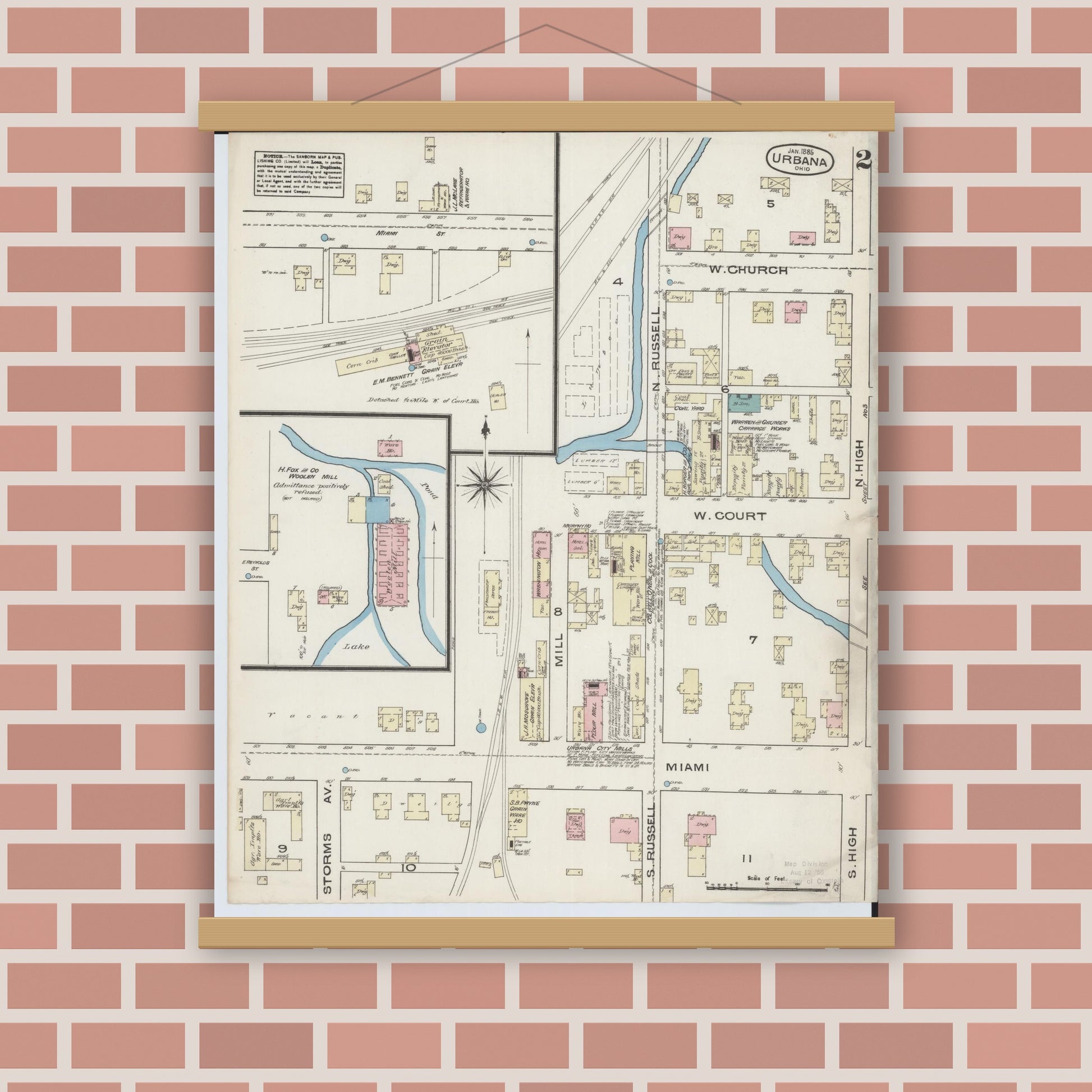 Old map wall art mockup — magnetic wood frame on brick wall — Sanborn Fire Insurance Map from Urbana, Champaign County, Ohio (1885), Sheet #0002