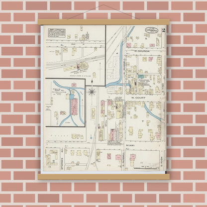 Old map wall art mockup — magnetic wood frame on brick wall — Sanborn Fire Insurance Map from Urbana, Champaign County, Ohio (1885), Sheet #0002
