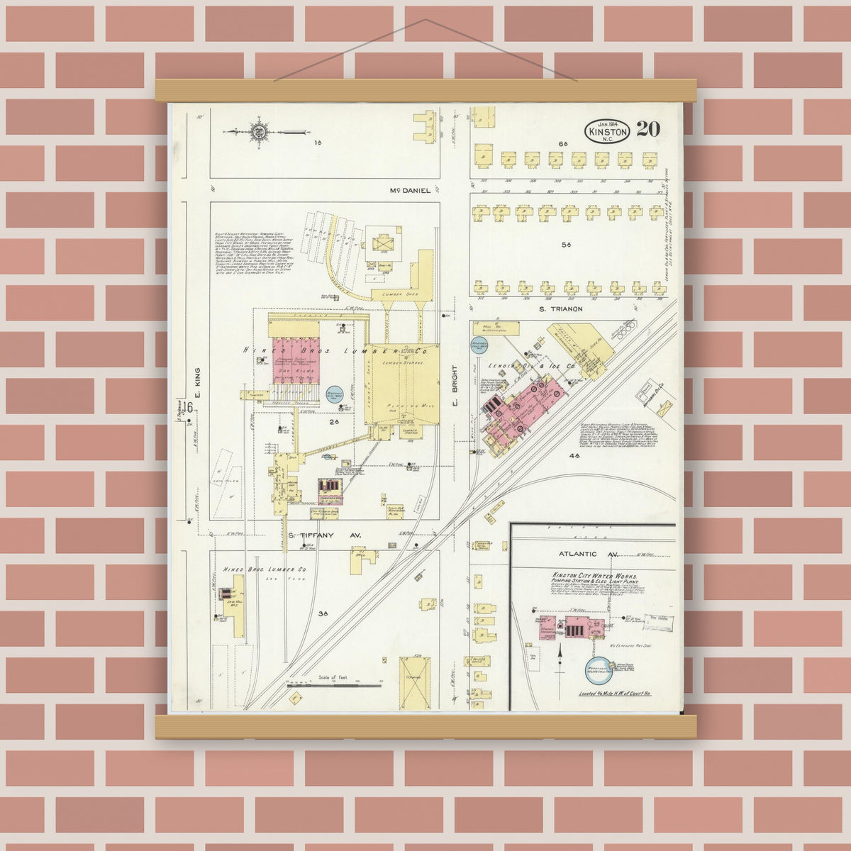 Old map wall art mockup — magnetic wood frame on brick wall — Sanborn Fire Insurance Map from Kinston, Lenoir County, North Carolina (1914), Sheet #0020