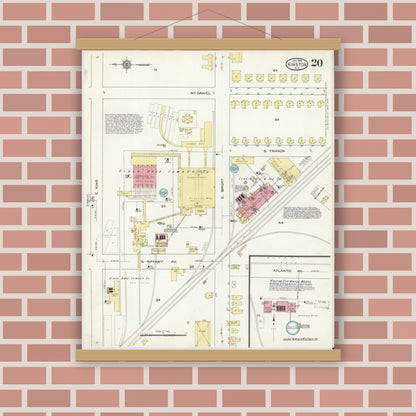 Old map wall art mockup — magnetic wood frame on brick wall — Sanborn Fire Insurance Map from Kinston, Lenoir County, North Carolina (1914), Sheet #0020
