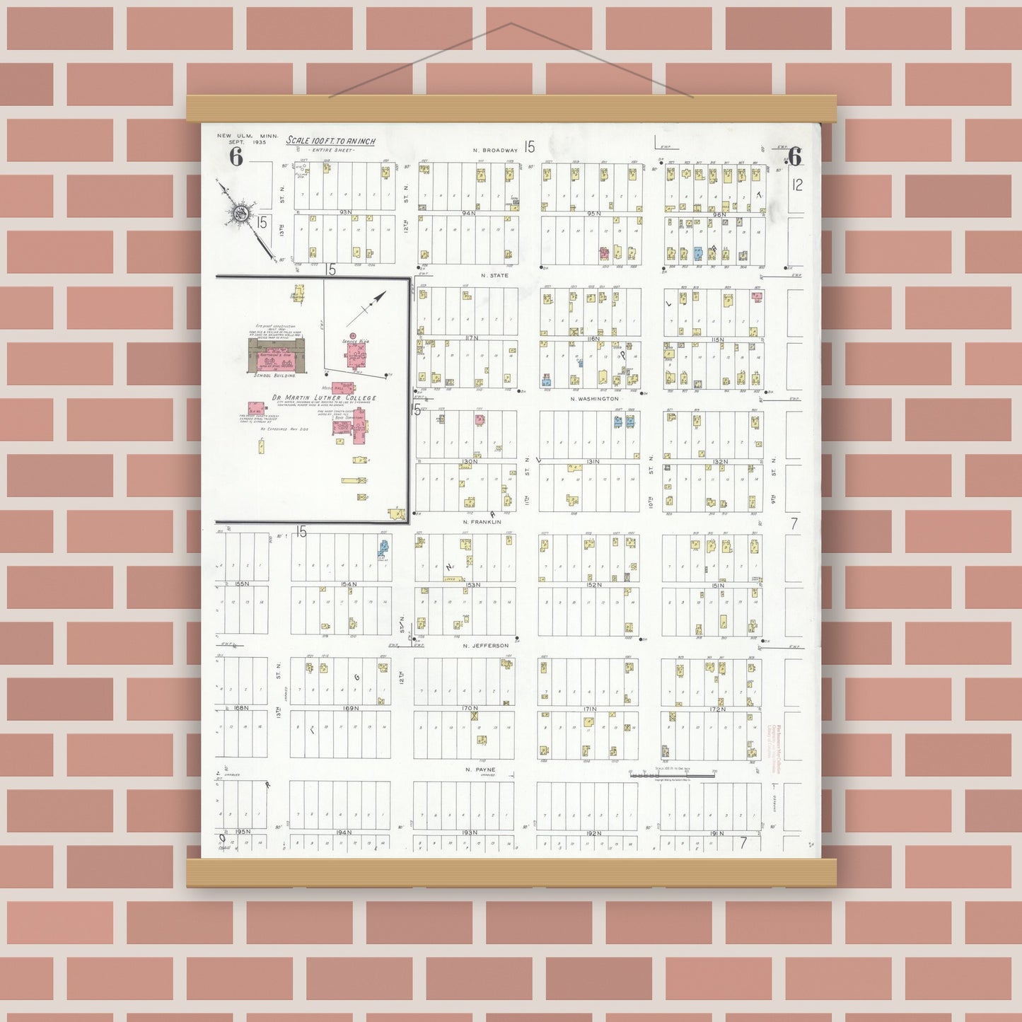 Old map wall art mockup — magnetic wood frame on brick wall — Sanborn Fire Insurance Map from New Ulm, Brown County, Minnesota (1935), Sheet #0006