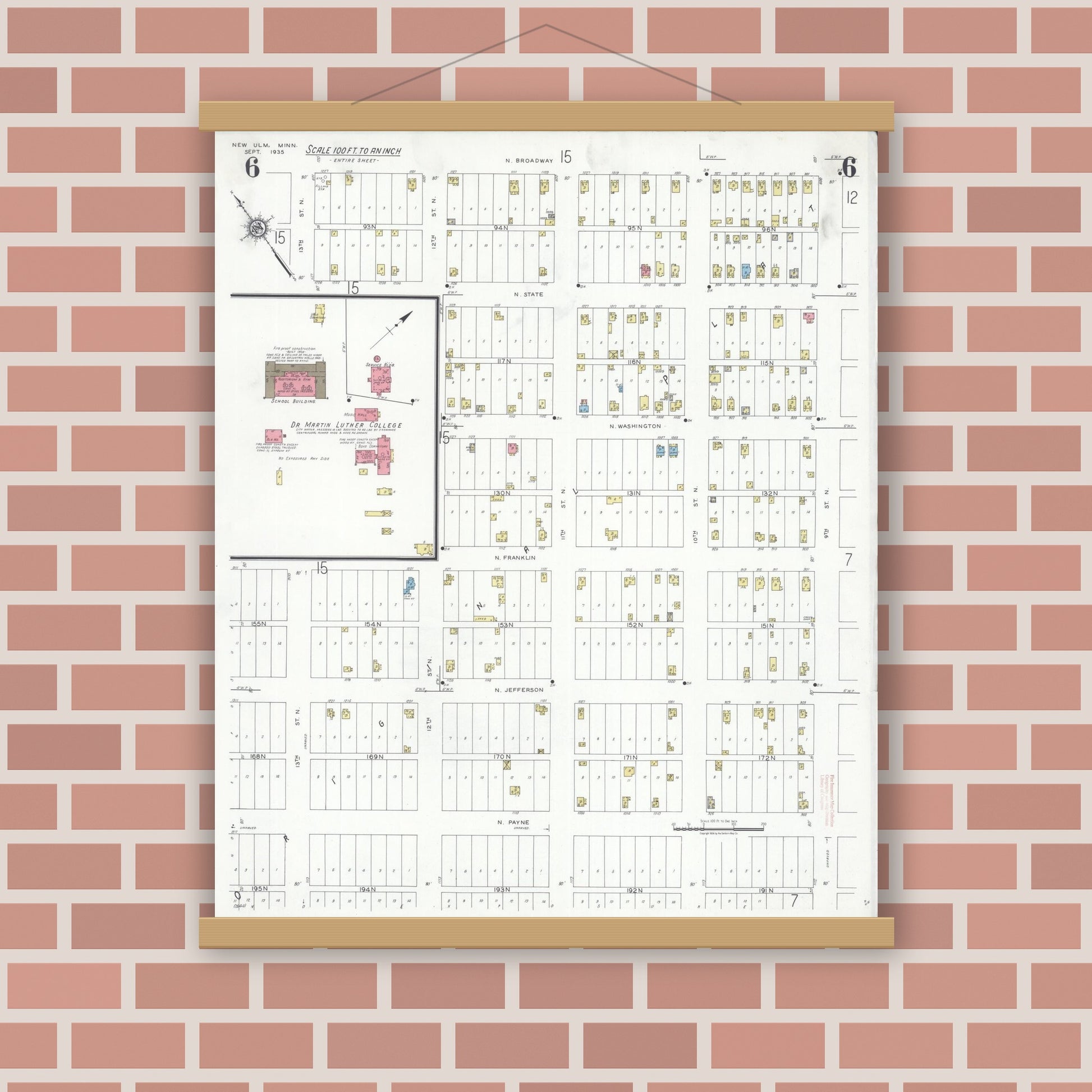 Old map wall art mockup — magnetic wood frame on brick wall — Sanborn Fire Insurance Map from New Ulm, Brown County, Minnesota (1935), Sheet #0006