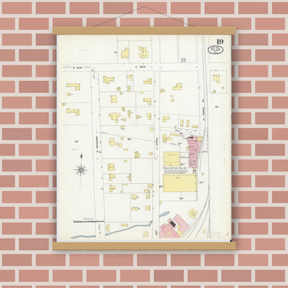 Old map wall art mockup — magnetic wood frame on brick wall — Sanborn Fire Insurance Map from Tyler, Smith County, Texas (1907), Sheet #0019