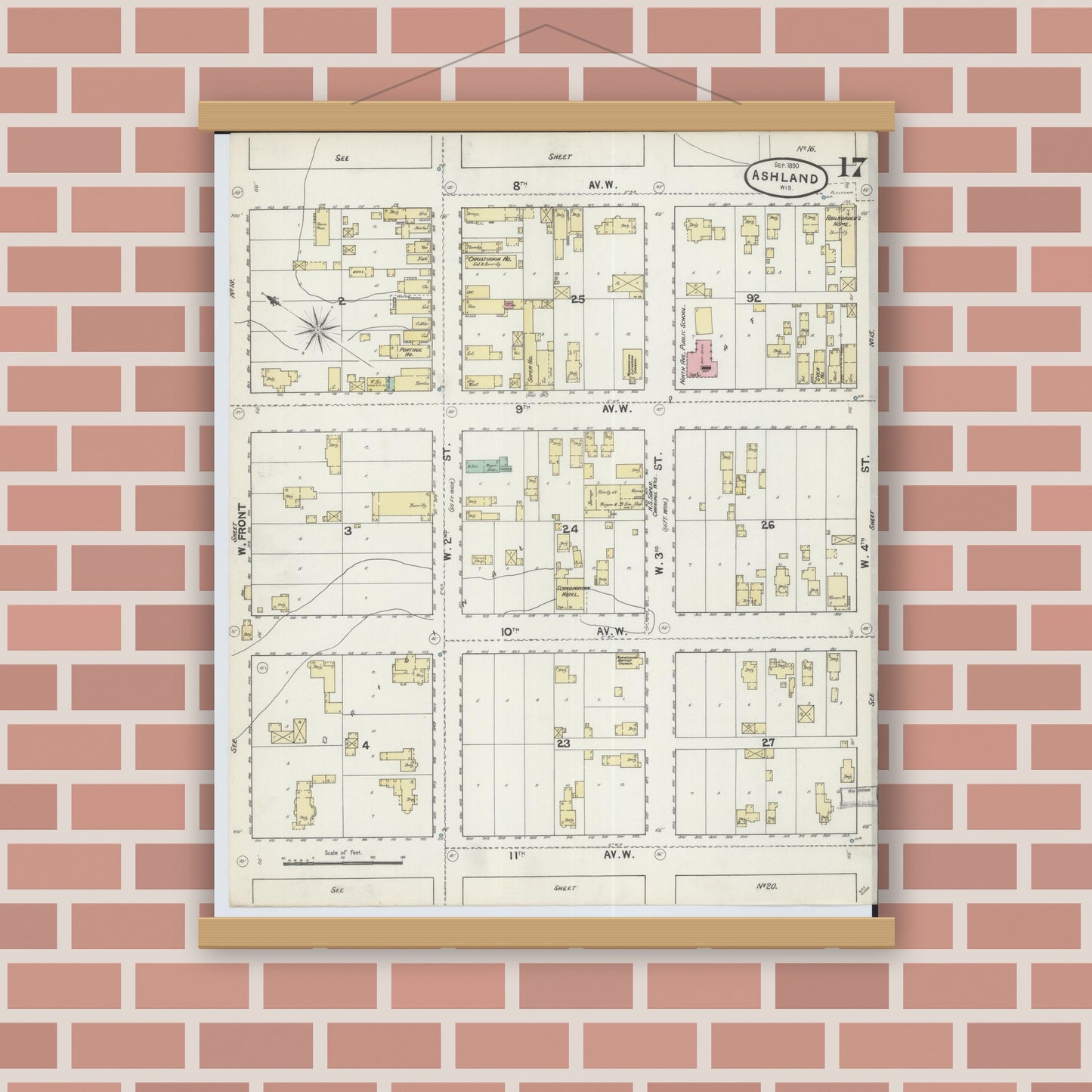 Old map wall art mockup — magnetic wood frame on brick wall — Sanborn Fire Insurance Map from Ashland, Ashland County, Wisconsin (1890), Sheet #0017