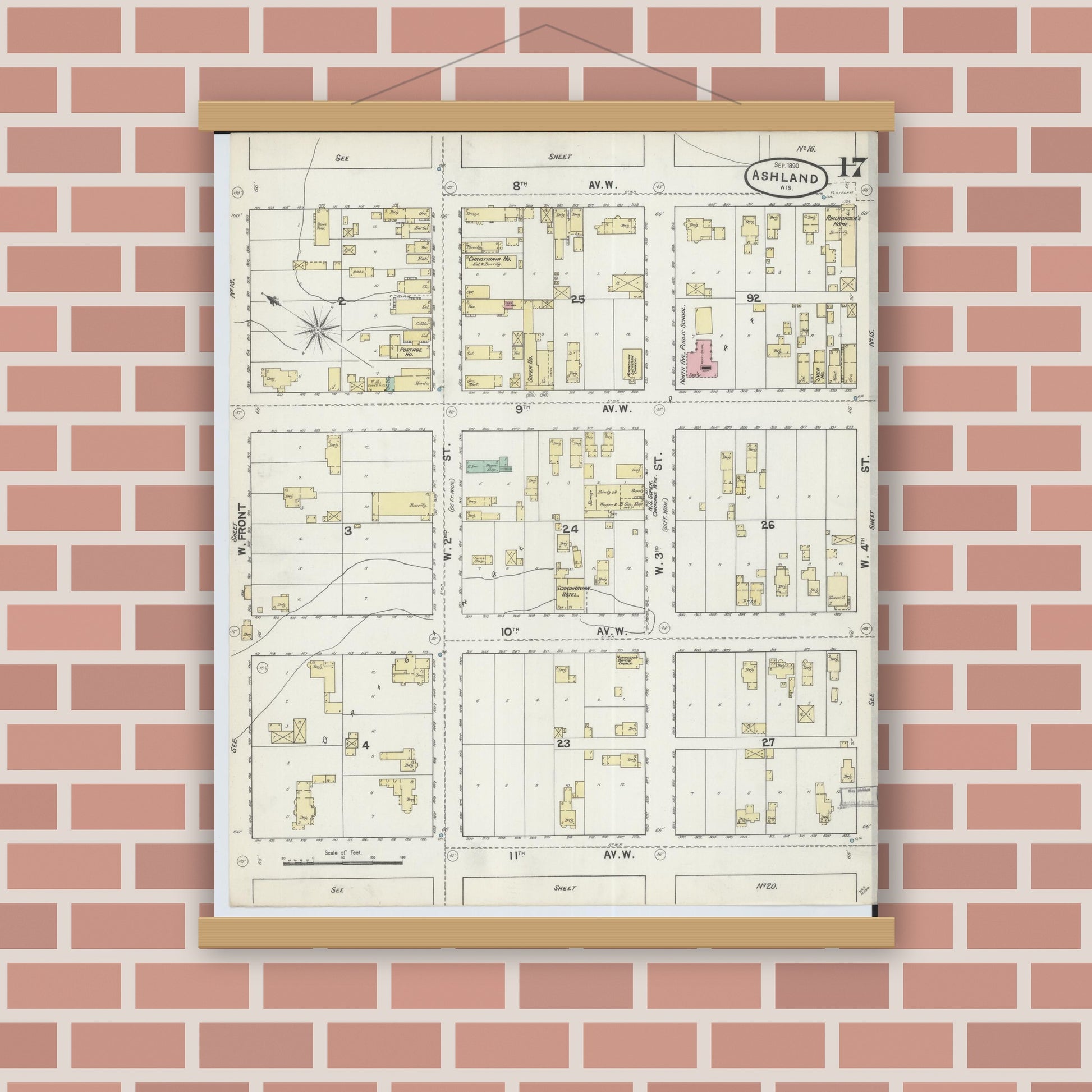 Old map wall art mockup — magnetic wood frame on brick wall — Sanborn Fire Insurance Map from Ashland, Ashland County, Wisconsin (1890), Sheet #0017