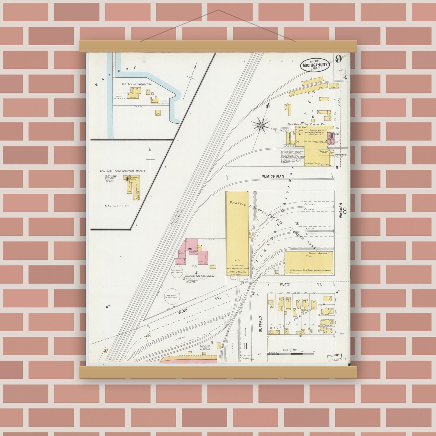 Old map wall art mockup — magnetic wood frame on brick wall — Sanborn Fire Insurance Map from Michigan City, La Porte County, Indiana (1899), Sheet #0009