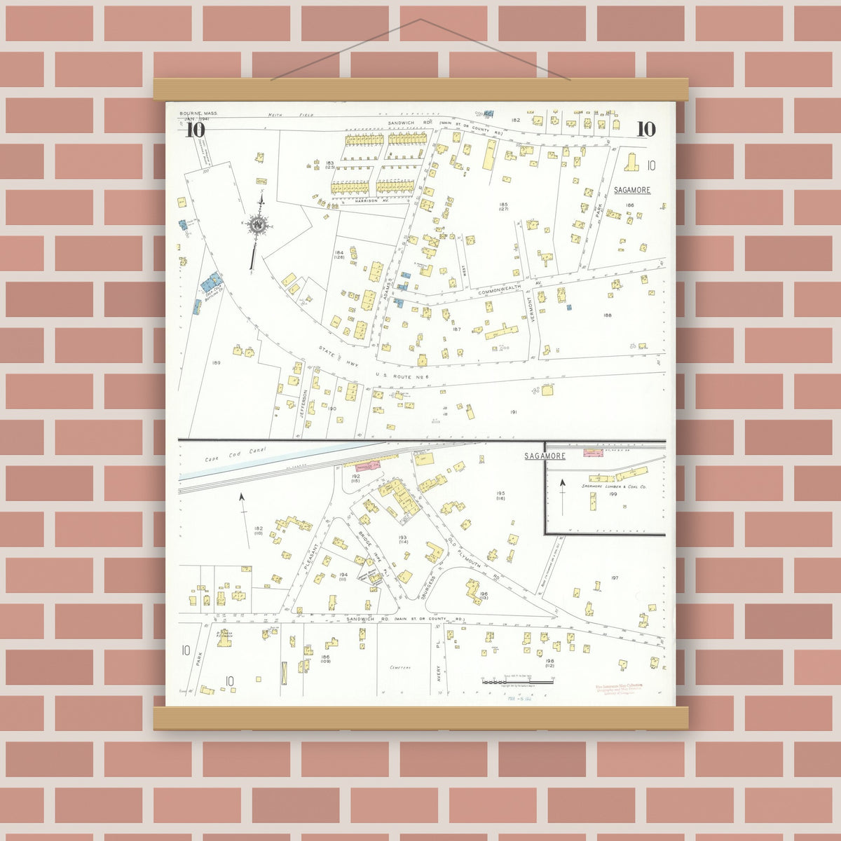 Old map wall art mockup — magnetic wood frame on brick wall — Sanborn Fire Insurance Map from Bourne, Barnstable County, Massachusetts (1941), Sheet #0010