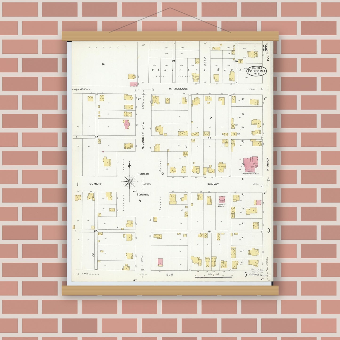 Old map wall art mockup — magnetic wood frame on brick wall — Sanborn Fire Insurance Map from Fostoria, Seneca, Hancock, And Wood Counties, Ohio (1908), Sheet #0003