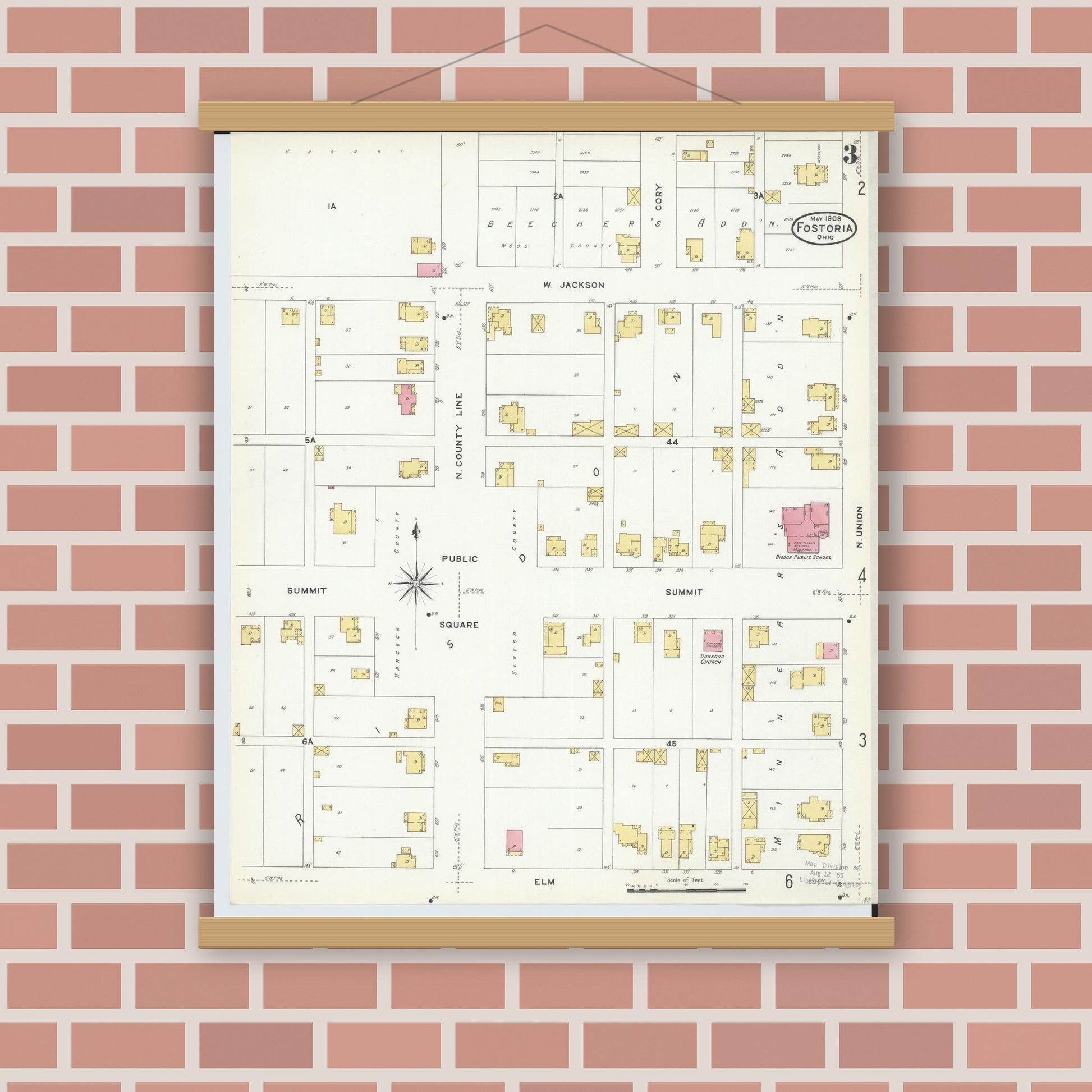 Old map wall art mockup — magnetic wood frame on brick wall — Sanborn Fire Insurance Map from Fostoria, Seneca, Hancock, And Wood Counties, Ohio (1908), Sheet #0003