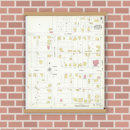 Old map wall art mockup — magnetic wood frame on brick wall — Sanborn Fire Insurance Map from Fostoria, Seneca, Hancock, And Wood Counties, Ohio (1908), Sheet #0003