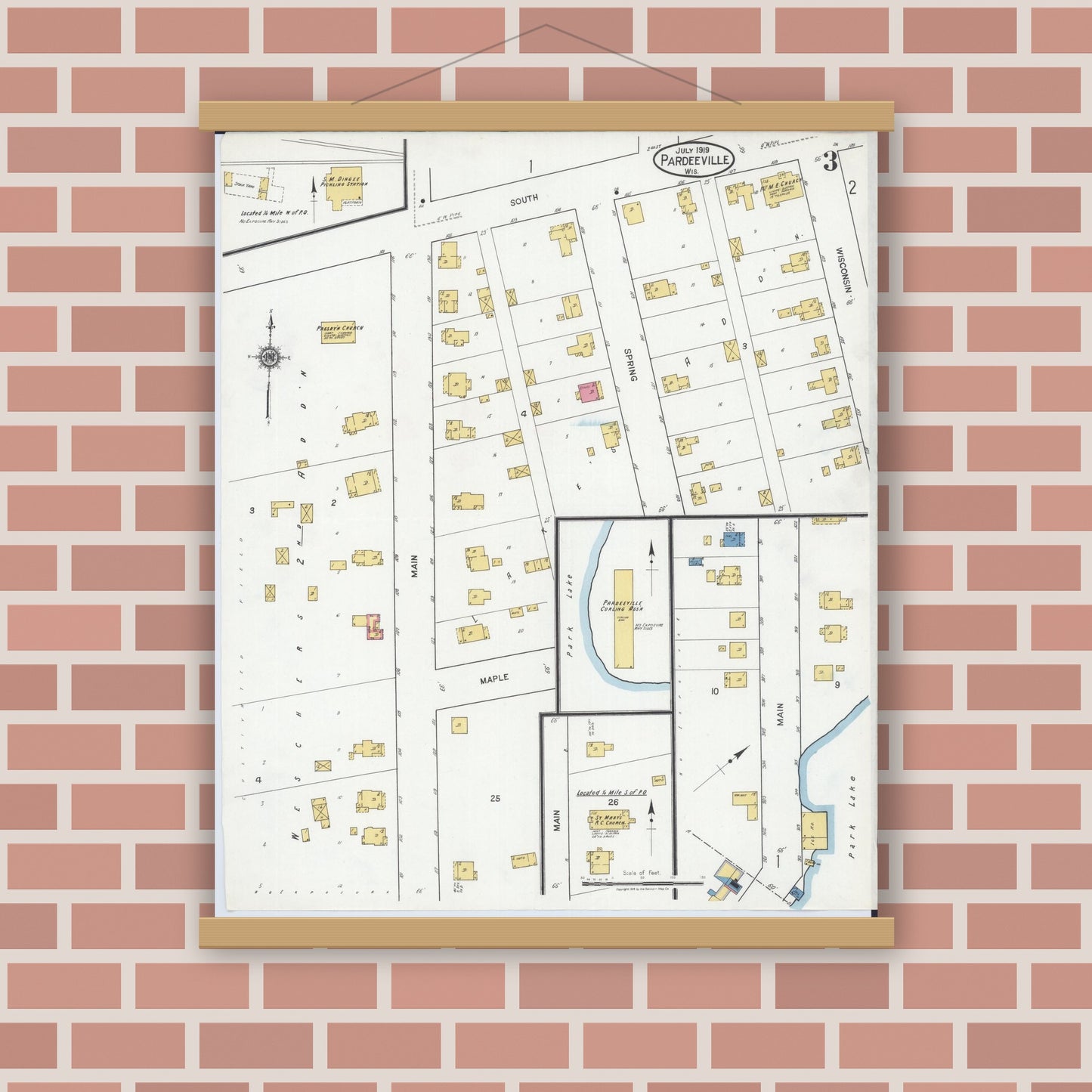 Old map wall art mockup — magnetic wood frame on brick wall — Sanborn Fire Insurance Map from Pardeeville, Columbia County, Wisconsin (1919), Sheet #0003