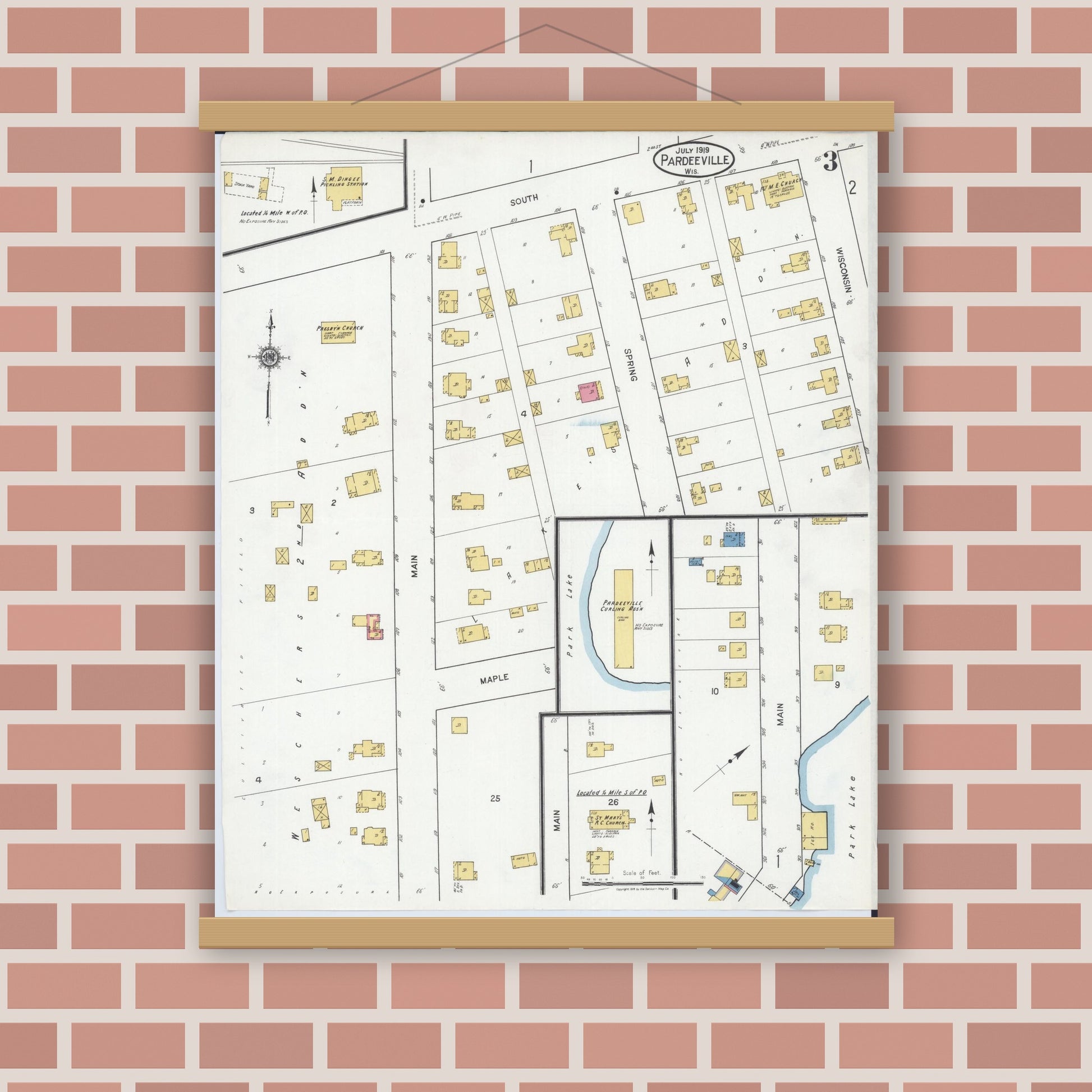 Old map wall art mockup — magnetic wood frame on brick wall — Sanborn Fire Insurance Map from Pardeeville, Columbia County, Wisconsin (1919), Sheet #0003