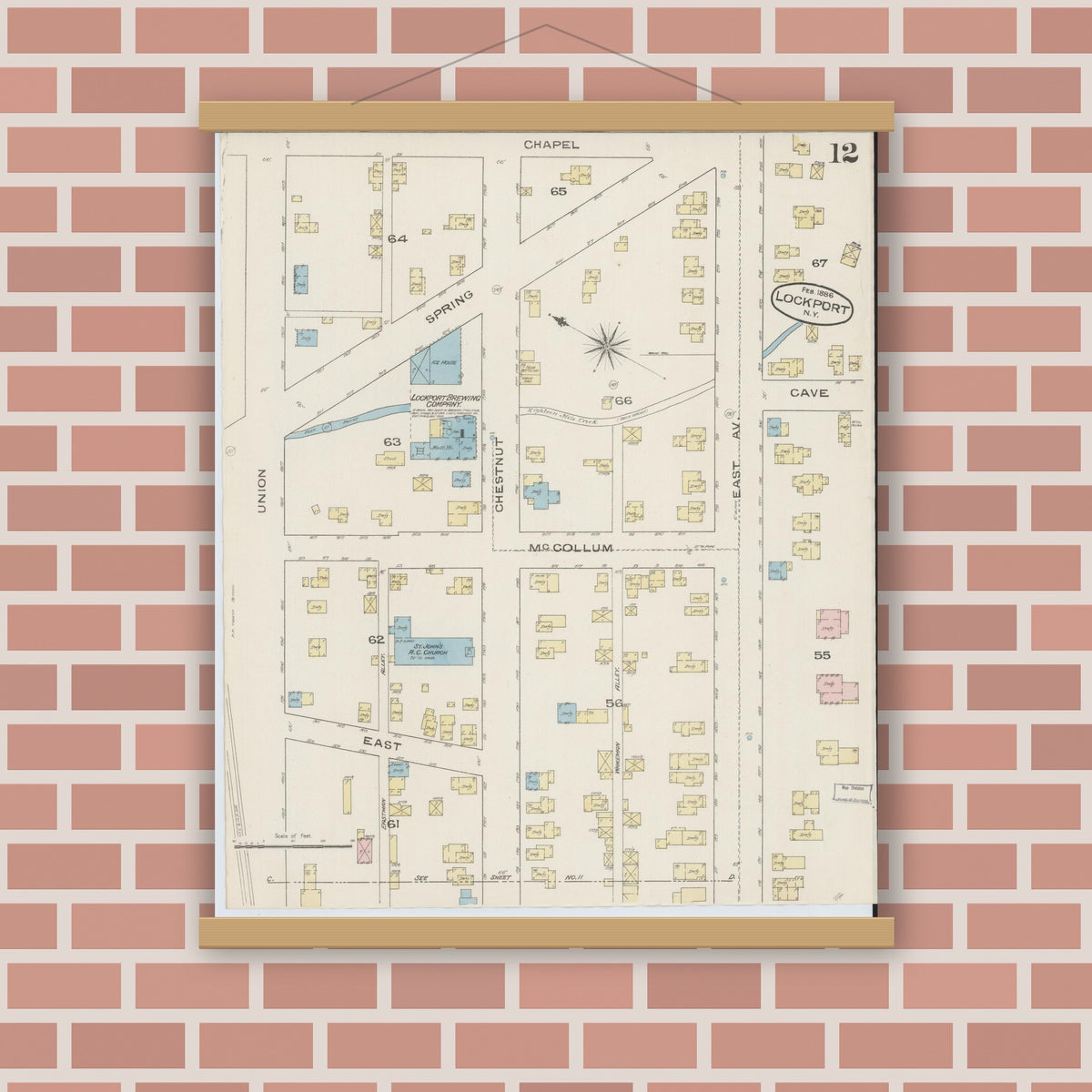 Old map wall art mockup — magnetic wood frame on brick wall — Sanborn Fire Insurance Map from Lockport, Niagara County, New York (1886), Sheet #0011