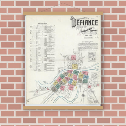 Old map wall art mockup — magnetic wood frame on brick wall — Sanborn Fire Insurance Map from Defiance, Defiance County, Ohio (1911), Sheet #0001