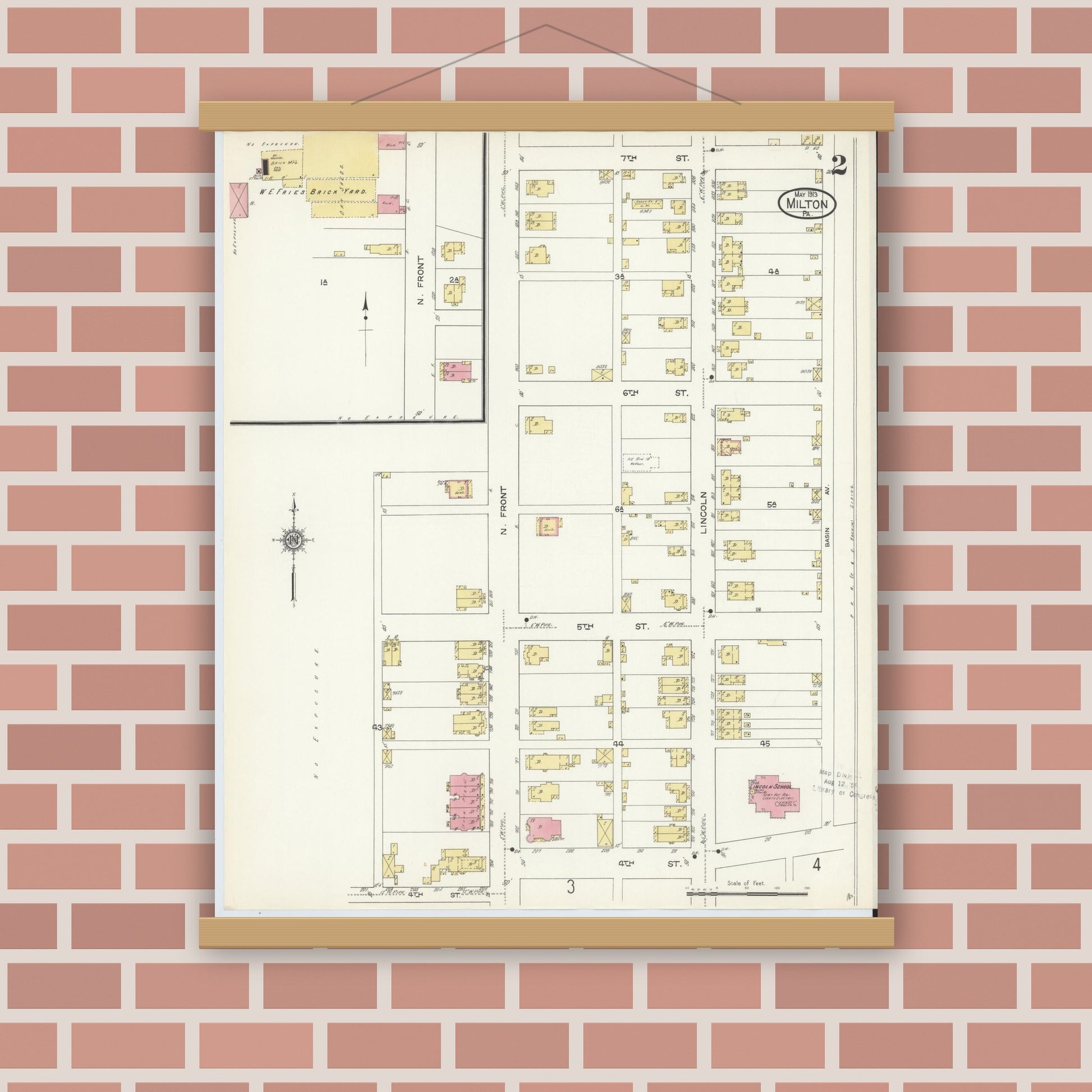 Old map wall art mockup — magnetic wood frame on brick wall — Sanborn Fire Insurance Map from Milton, Northumberland County, Pennsylvania (1913), Sheet #0002