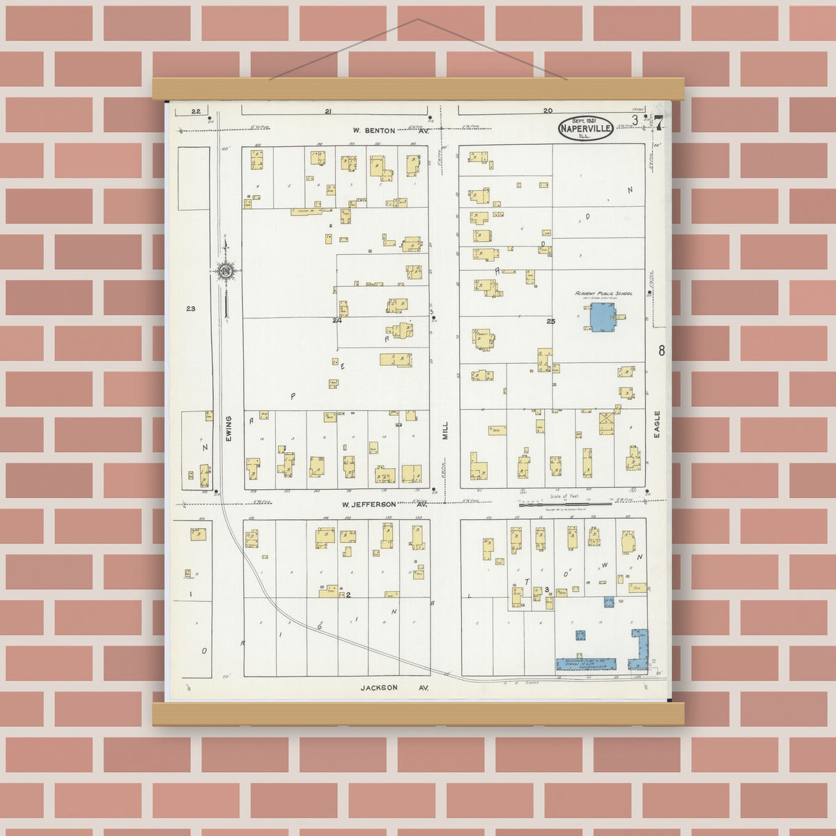 Old map wall art mockup — magnetic wood frame on brick wall — Sanborn Fire Insurance Map from Naperville, Du Page County, Illinois (1921), Sheet #0007