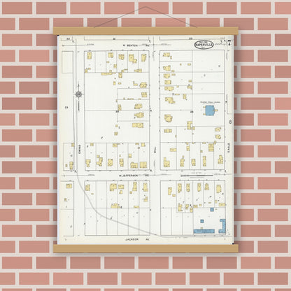 Old map wall art mockup — magnetic wood frame on brick wall — Sanborn Fire Insurance Map from Naperville, Du Page County, Illinois (1921), Sheet #0007