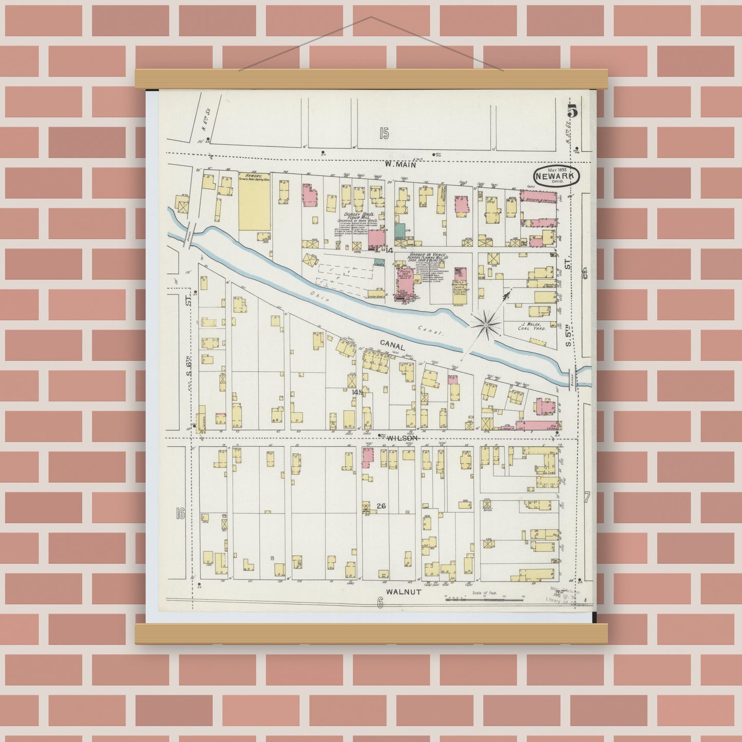 Old map wall art mockup — magnetic wood frame on brick wall — Sanborn Fire Insurance Map from Newark, Licking County, Ohio (1893), Sheet #0005