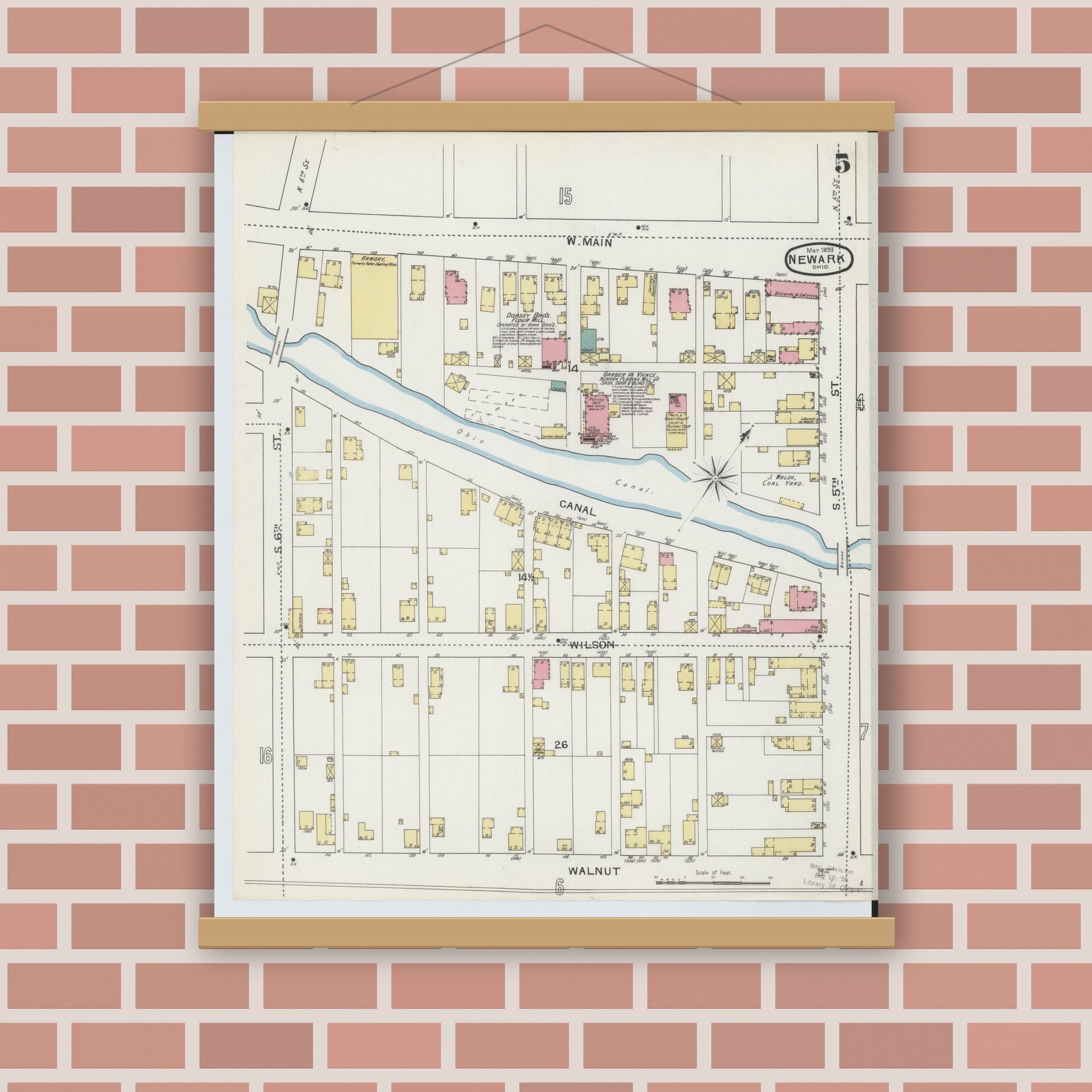 Old map wall art mockup — magnetic wood frame on brick wall — Sanborn Fire Insurance Map from Newark, Licking County, Ohio (1893), Sheet #0005
