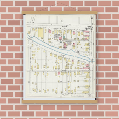 Old map wall art mockup — magnetic wood frame on brick wall — Sanborn Fire Insurance Map from Newark, Licking County, Ohio (1893), Sheet #0005