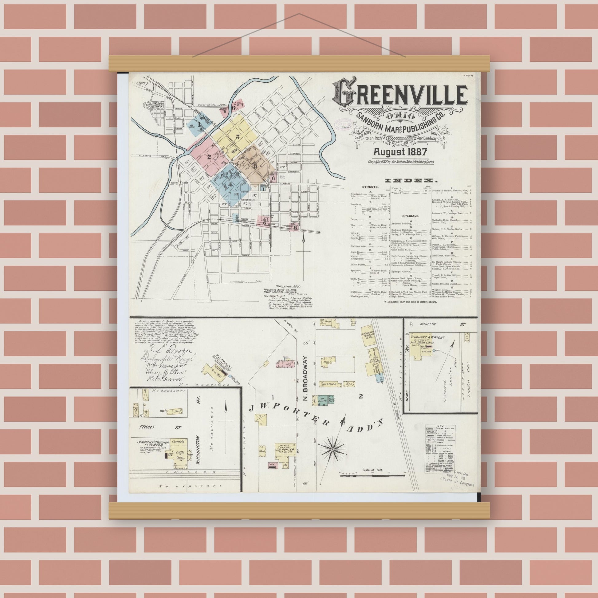 Old map wall art mockup — magnetic wood frame on brick wall — Sanborn Fire Insurance Map from Greenville, Darke County, Ohio (1887) - Complete Map Set