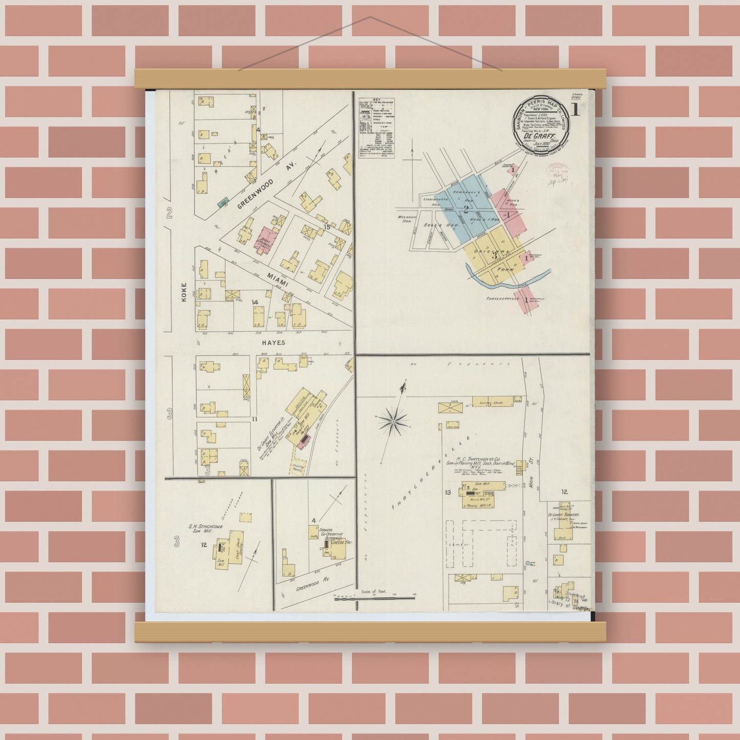 Old map wall art mockup — magnetic wood frame on brick wall — Sanborn Fire Insurance Map from Degraff, Logan County, Ohio (1895) - Complete Map Set