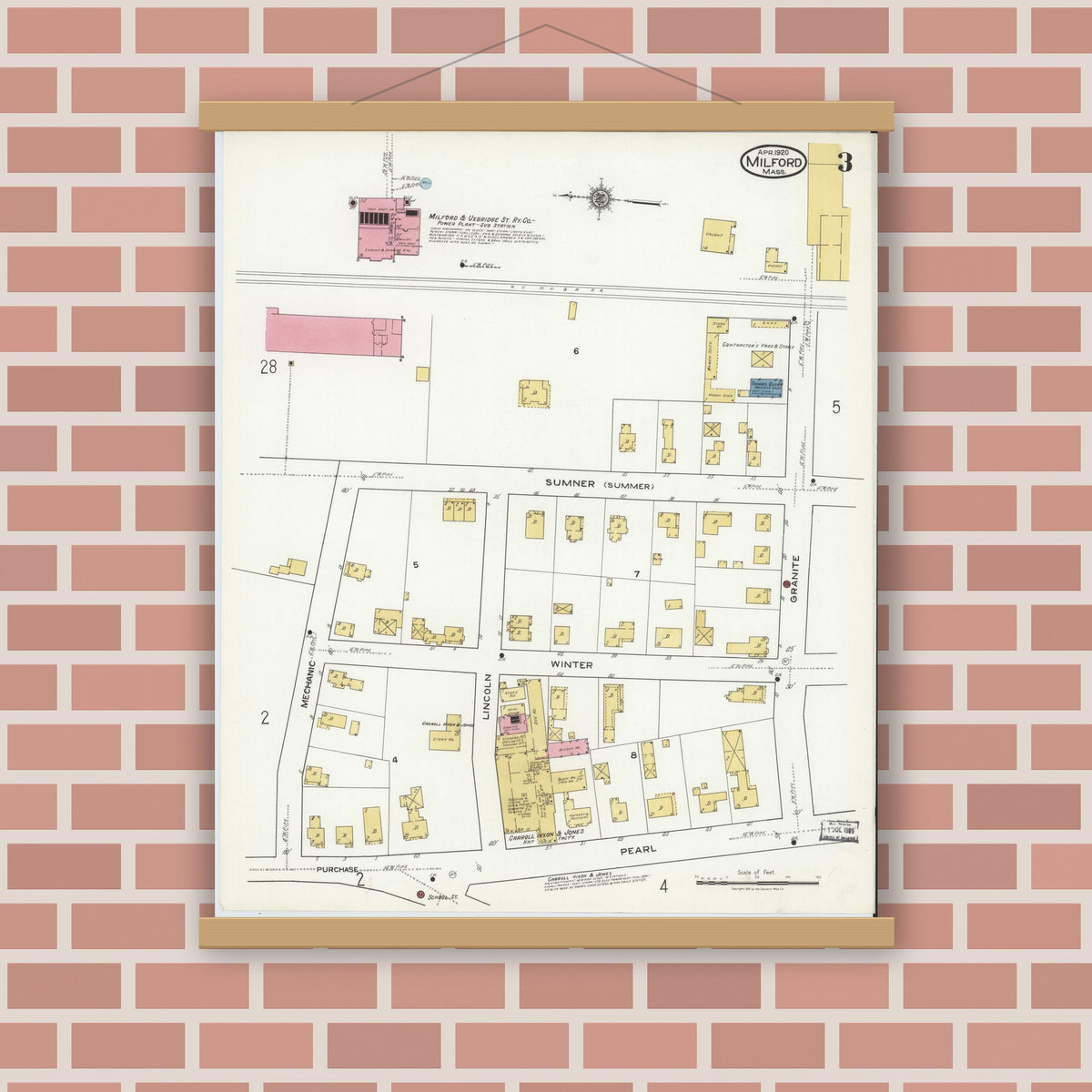 Old map wall art mockup — magnetic wood frame on brick wall — Sanborn Fire Insurance Map from Milford, Worcester County, Massachusetts (1920), Sheet #0003