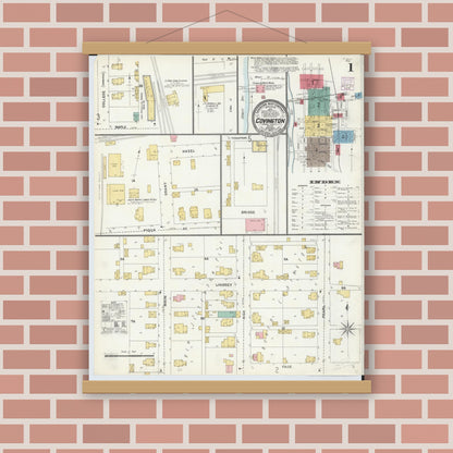 Old map wall art mockup — magnetic wood frame on brick wall — Sanborn Fire Insurance Map from Covington, Miami County, Ohio (1905), Sheet #0001
