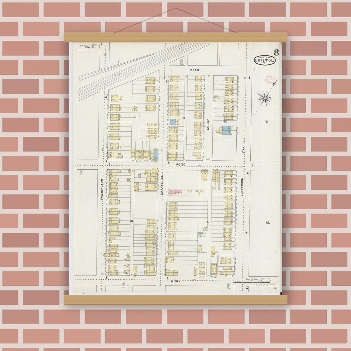 Old map wall art mockup — magnetic wood frame on brick wall — Sanborn Fire Insurance Map from Bristol, Bucks County, Pennsylvania (1894), Sheet #0008