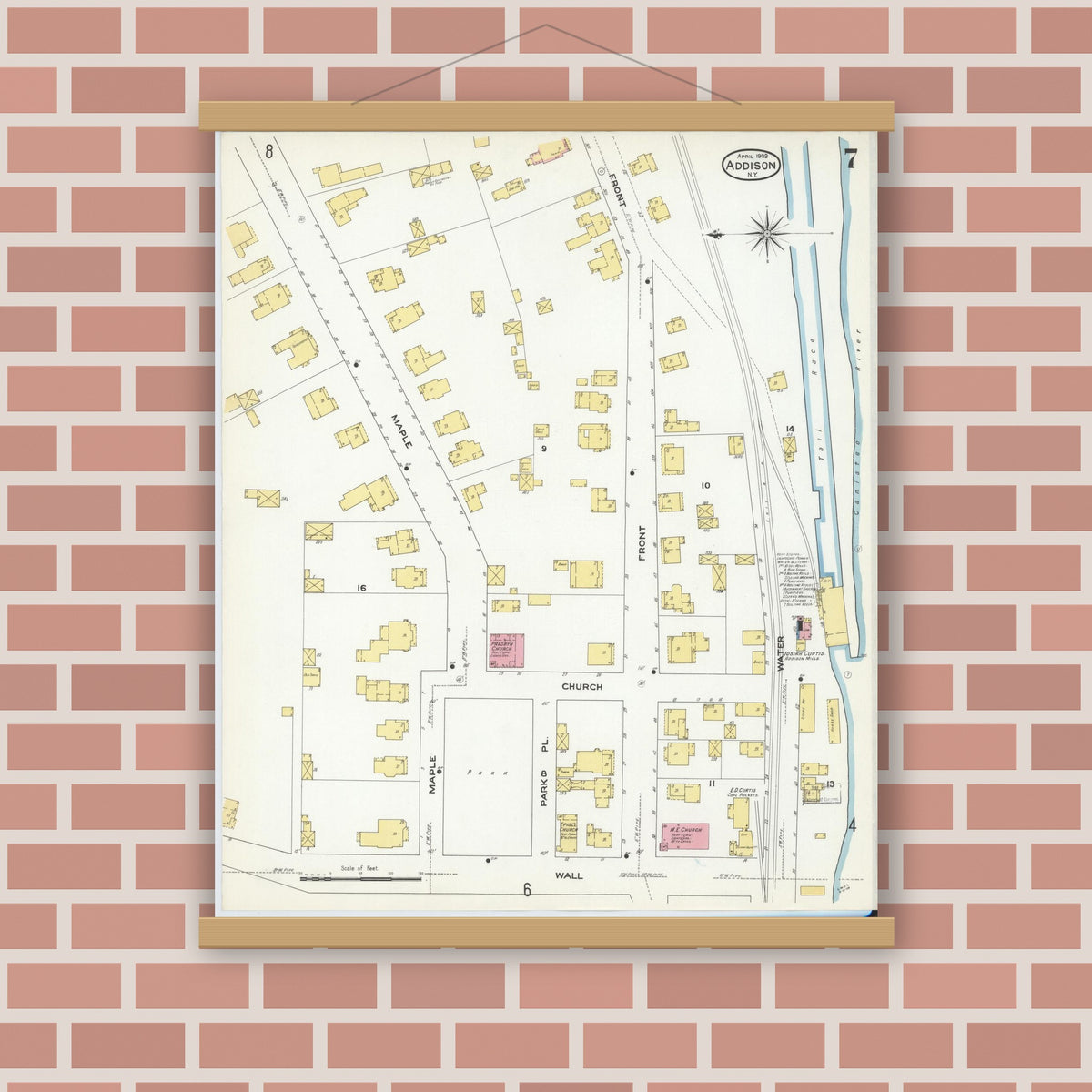 Old map wall art mockup — magnetic wood frame on brick wall — Sanborn Fire Insurance Map from Addison, Steuben County, New York (1909), Sheet #0007