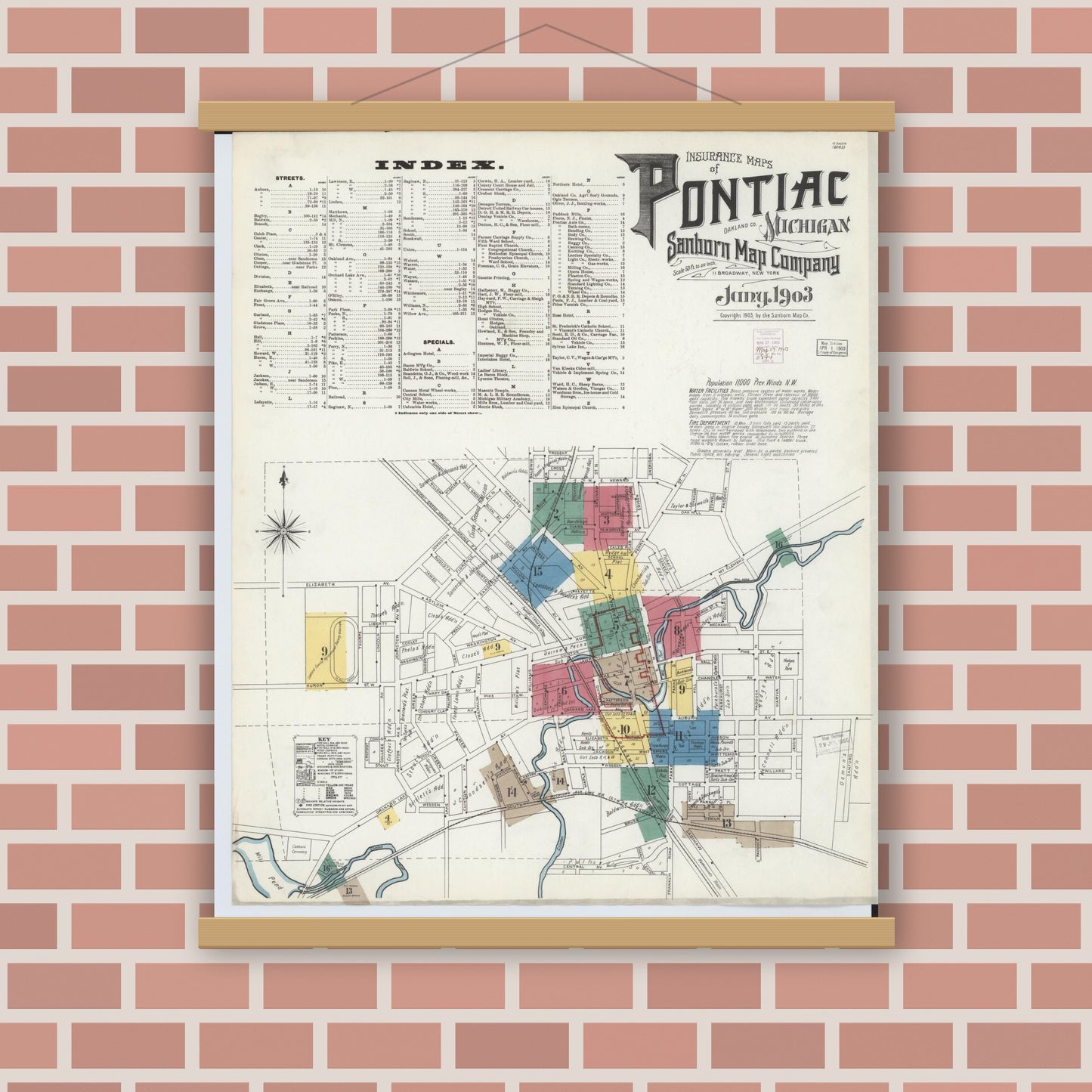 Old map wall art mockup — magnetic wood frame on brick wall — Sanborn Fire Insurance Map from Pontiac, Oakland County, Michigan (1903) - Complete Map Set