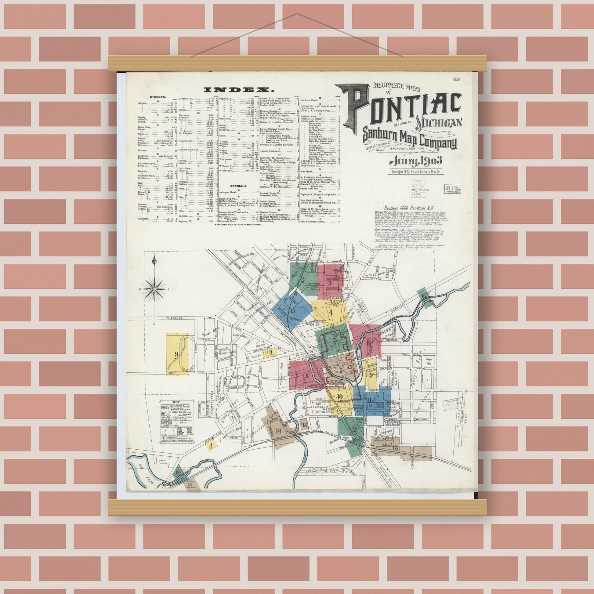 Old map wall art mockup — magnetic wood frame on brick wall — Sanborn Fire Insurance Map from Pontiac, Oakland County, Michigan (1903) - Complete Map Set