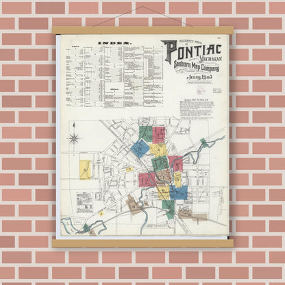 Old map wall art mockup — magnetic wood frame on brick wall — Sanborn Fire Insurance Map from Pontiac, Oakland County, Michigan (1903) - Complete Map Set