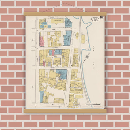 Old map wall art mockup — magnetic wood frame on brick wall — Sanborn Fire Insurance Map from Hilo, Hawaii County, Hawaii (1921), Sheet #0010