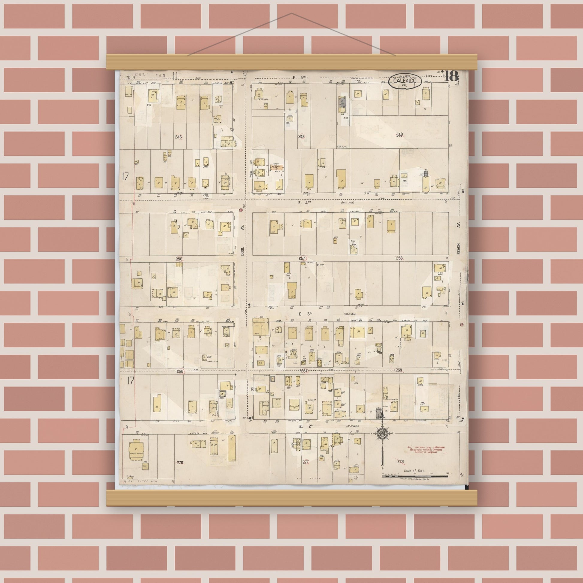Old map wall art mockup — magnetic wood frame on brick wall — Sanborn Fire Insurance Map from Calexico, Imperial County, California (1949), Sheet #0018