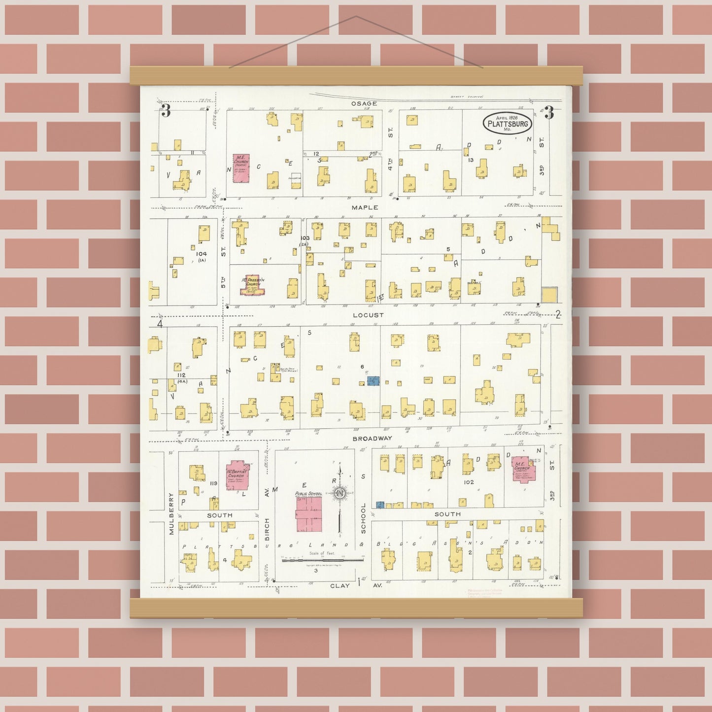 Old map wall art mockup — magnetic wood frame on brick wall — Sanborn Fire Insurance Map from Plattsburg, Clinton County, Missouri (1926), Sheet #0003