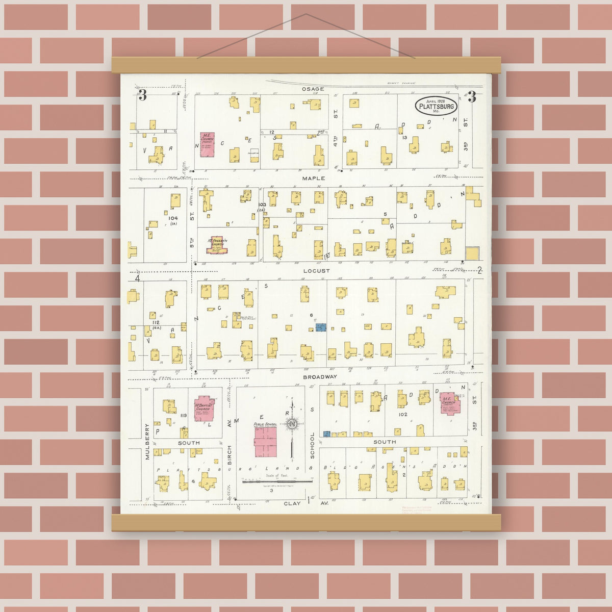 Old map wall art mockup — magnetic wood frame on brick wall — Sanborn Fire Insurance Map from Plattsburg, Clinton County, Missouri (1926), Sheet #0003