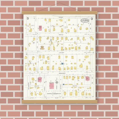 Old map wall art mockup — magnetic wood frame on brick wall — Sanborn Fire Insurance Map from Plattsburg, Clinton County, Missouri (1926), Sheet #0003