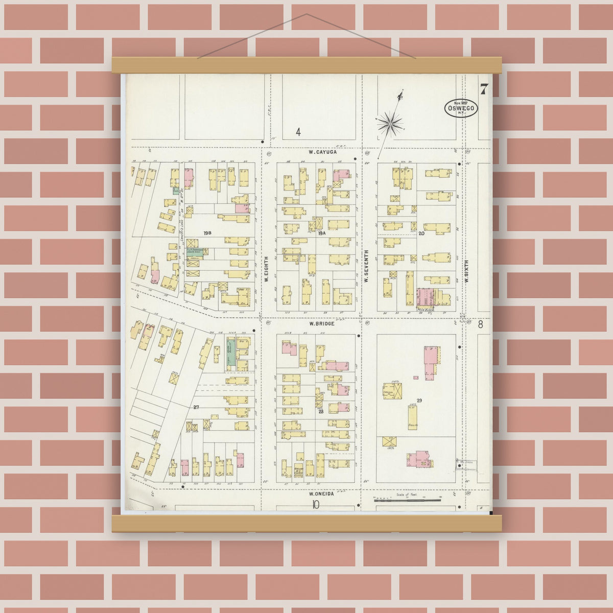 Old map wall art mockup — magnetic wood frame on brick wall — Sanborn Fire Insurance Map from Oswego, Oswego County, New York (1897), Sheet #0007