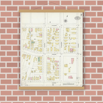 Old map wall art mockup — magnetic wood frame on brick wall — Sanborn Fire Insurance Map from Oswego, Oswego County, New York (1897), Sheet #0007