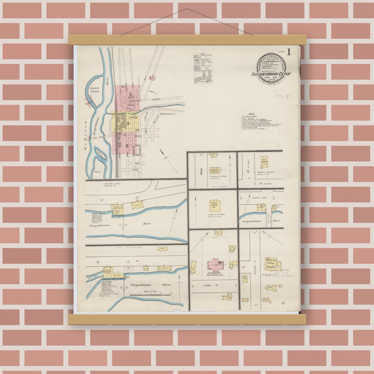 Old map wall art mockup — magnetic wood frame on brick wall — Sanborn Fire Insurance Map from Susquehanna, Susquehanna County, Pennsylvania (1885) - Complete Map Set