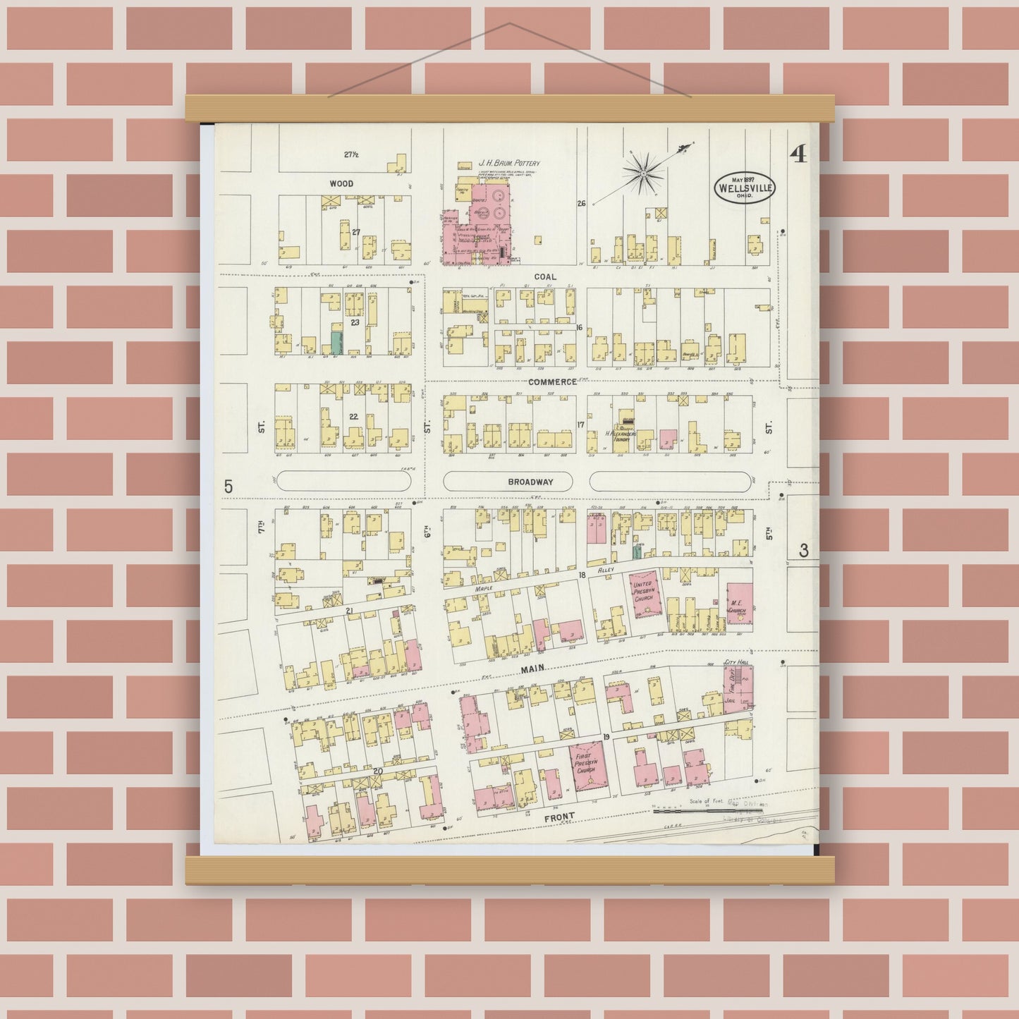 Old map wall art mockup — magnetic wood frame on brick wall — Sanborn Fire Insurance Map from Wellsville, Columbiana County, Ohio (1897), Sheet #0004