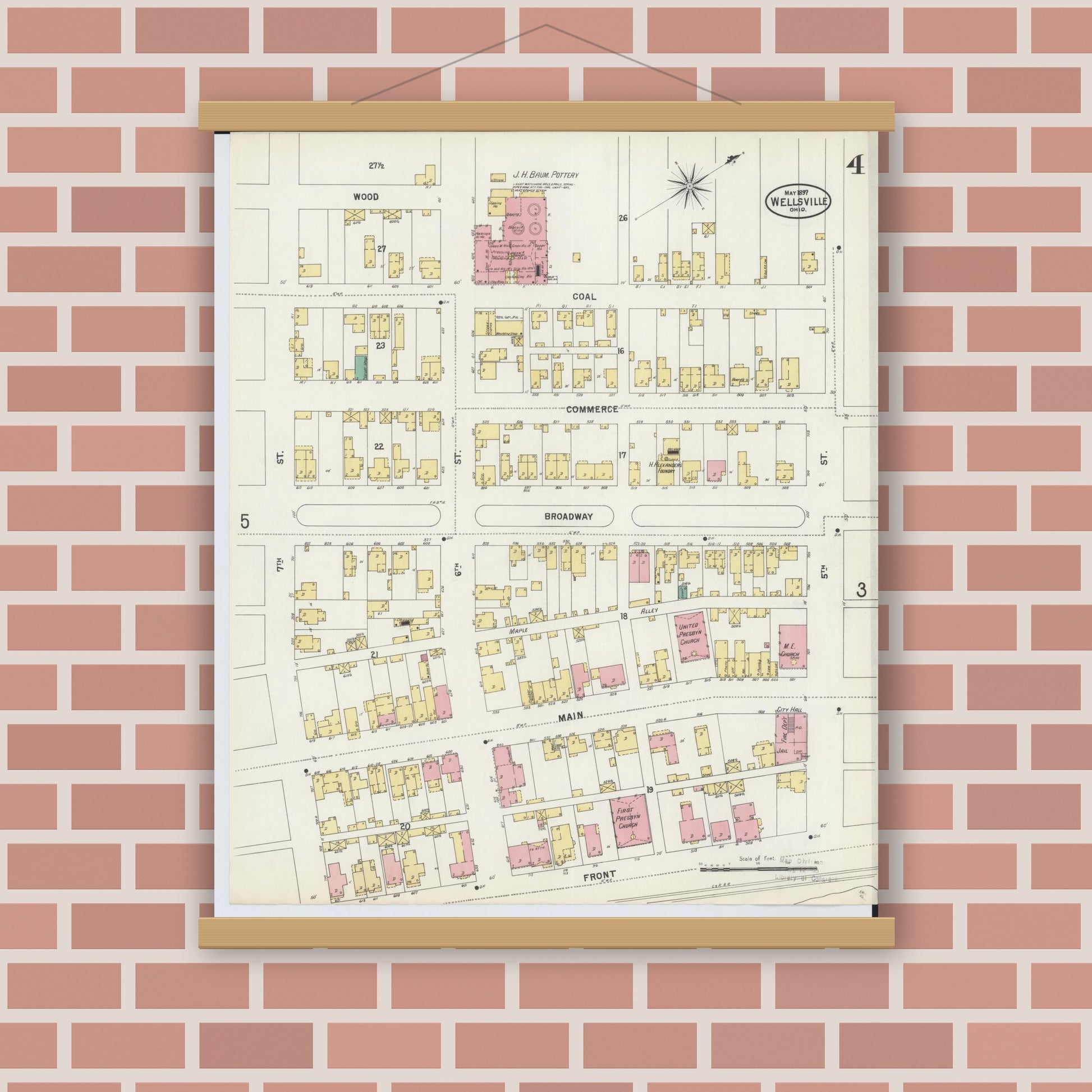 Old map wall art mockup — magnetic wood frame on brick wall — Sanborn Fire Insurance Map from Wellsville, Columbiana County, Ohio (1897), Sheet #0004
