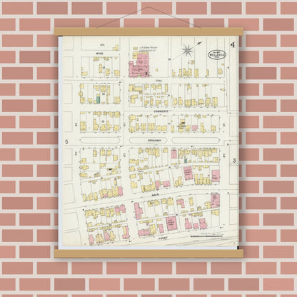 Old map wall art mockup — magnetic wood frame on brick wall — Sanborn Fire Insurance Map from Wellsville, Columbiana County, Ohio (1897), Sheet #0004