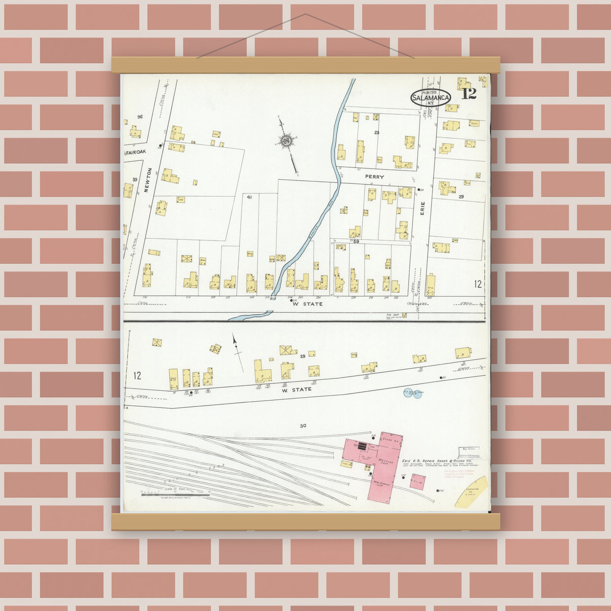 Old map wall art mockup — magnetic wood frame on brick wall — Sanborn Fire Insurance Map from Salamanca, Cattaraugus County, New York (1918), Sheet #0012