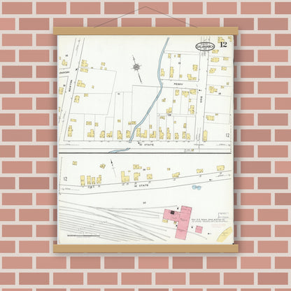 Old map wall art mockup — magnetic wood frame on brick wall — Sanborn Fire Insurance Map from Salamanca, Cattaraugus County, New York (1918), Sheet #0012