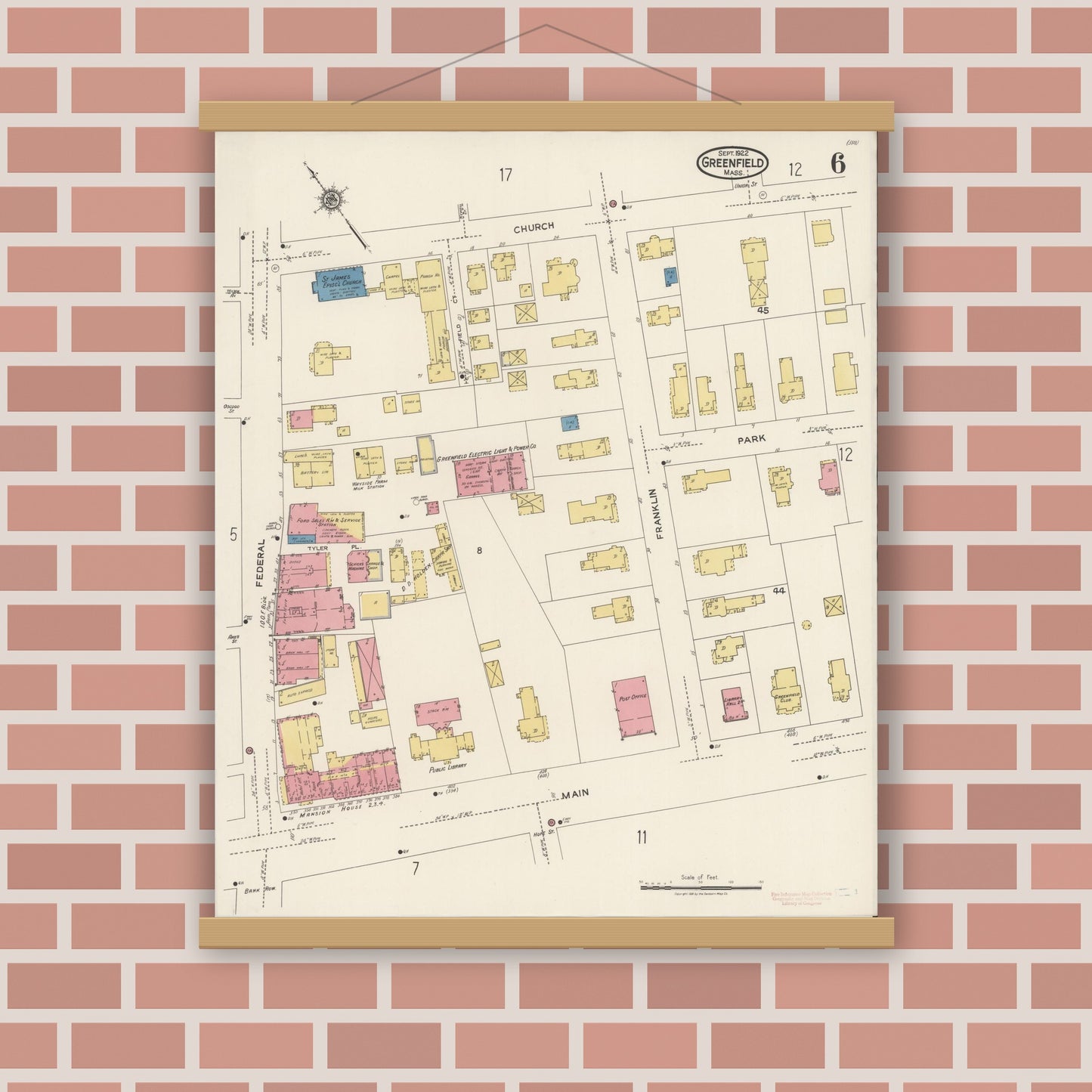 Old map wall art mockup — magnetic wood frame on brick wall — Sanborn Fire Insurance Map from Greenfield, Franklin County, Massachusetts (1922), Sheet #0006