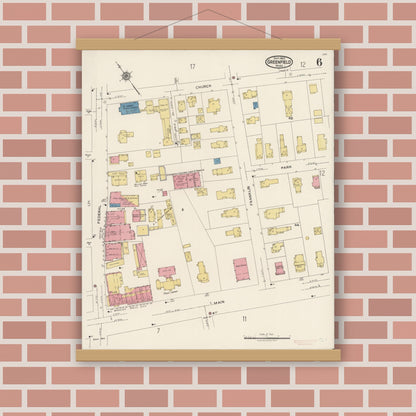 Old map wall art mockup — magnetic wood frame on brick wall — Sanborn Fire Insurance Map from Greenfield, Franklin County, Massachusetts (1922), Sheet #0006