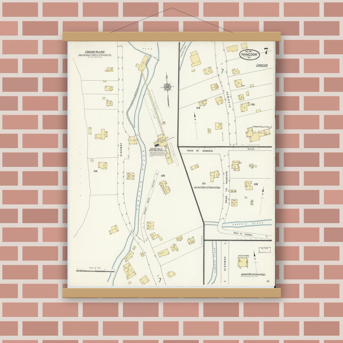 Old map wall art mockup — magnetic wood frame on brick wall — Sanborn Fire Insurance Map from Hancock, Delaware County, New York (1911), Sheet #0007