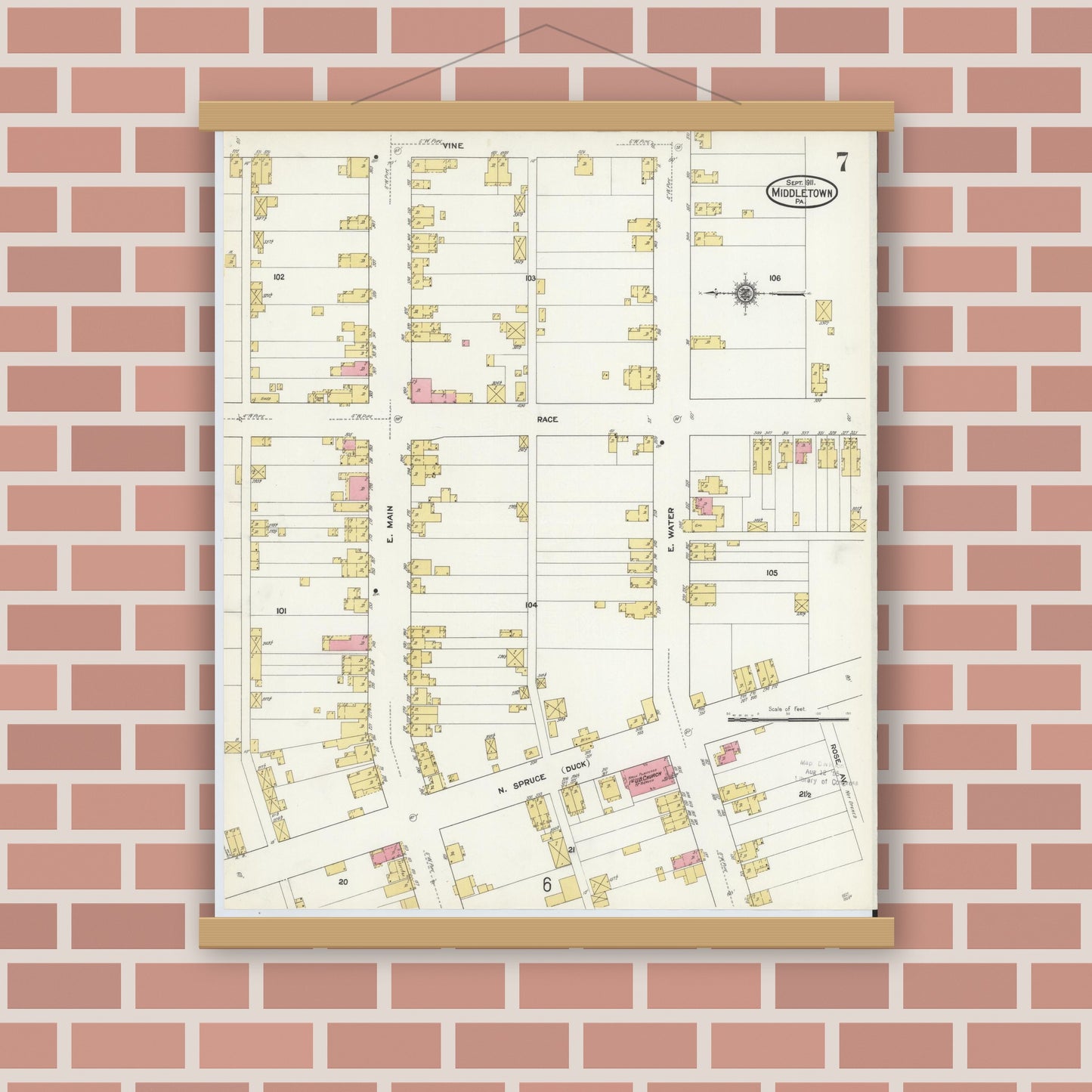 Old map wall art mockup — magnetic wood frame on brick wall — Sanborn Fire Insurance Map from Middletown, Dauphin County, Pennsylvania (1911), Sheet #0007